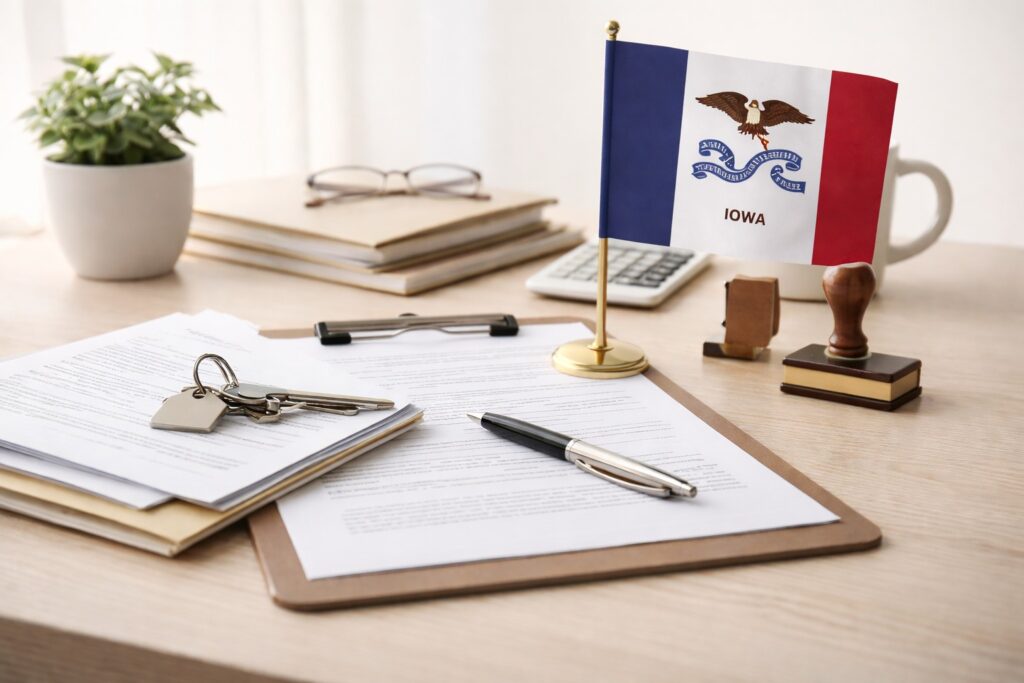 Minimal office desk with loan documents, pen, notary stamp, keys, calculator, and a small Iowa state table flag in soft light.