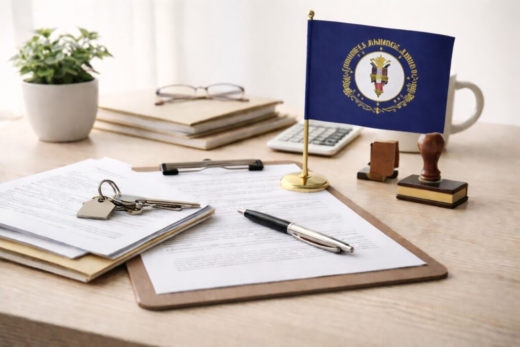 Minimal office desk with loan documents, pen, notary stamp, keys, calculator, and a small Kentucky state table flag in soft light.