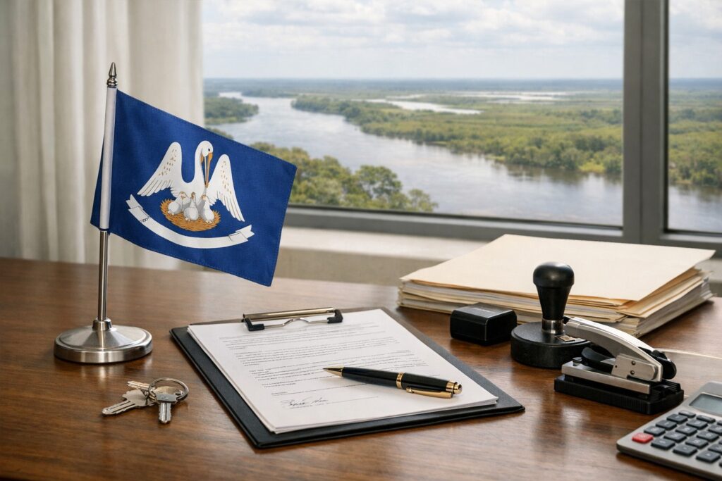 Minimal office desk with Louisiana table flag, loan documents, notary tools, and a window view of Louisiana wetlands.