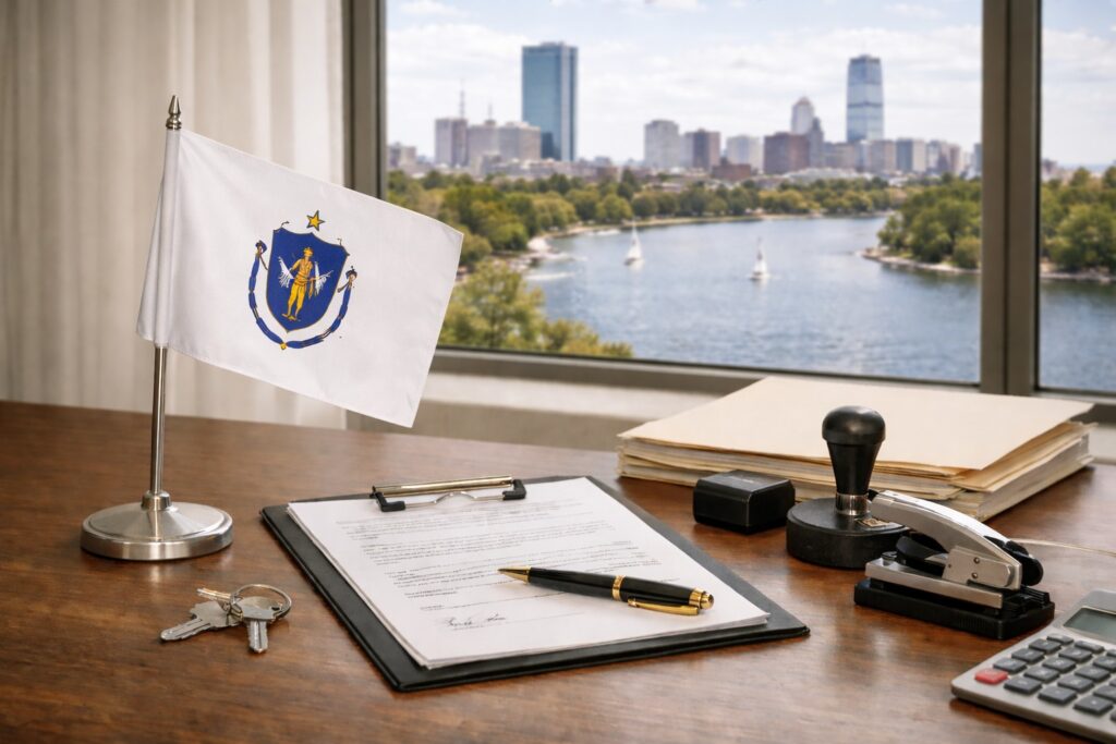 Minimal office desk with Massachusetts table flag, loan documents, notary tools, and a window view of Boston skyline and river.