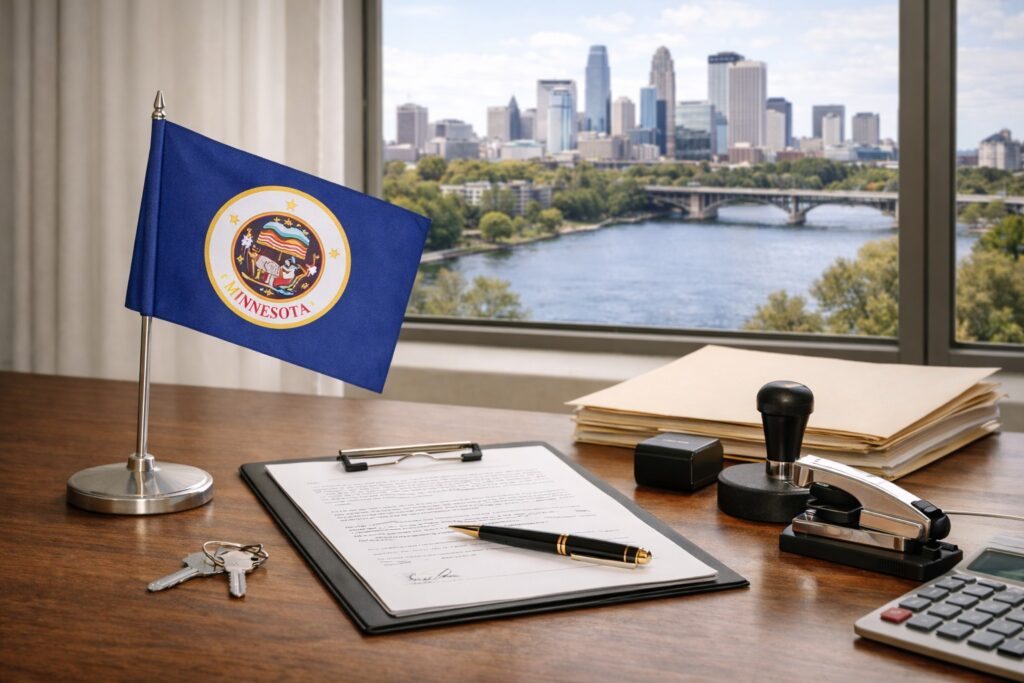 Minimal office desk with Minnesota table flag, loan documents, notary tools, and a window view of the Minneapolis skyline and river.