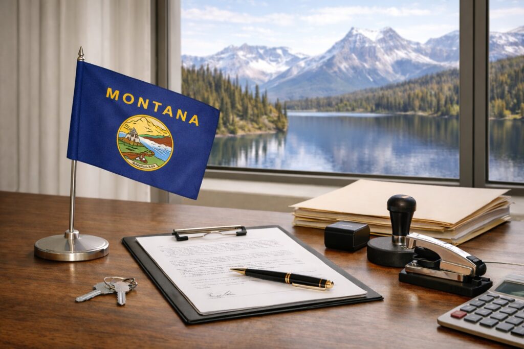 Minimal office desk with Montana table flag, loan documents, notary tools, and a window view of Montana mountains and lake.