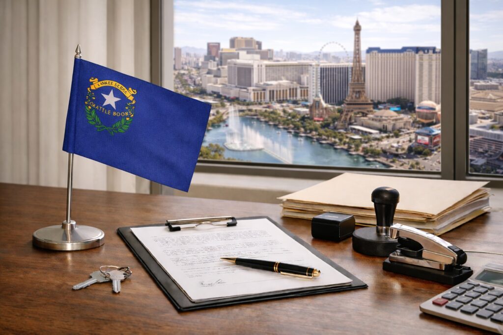 Minimal office desk with Nevada table flag, loan documents, notary tools, and a window view of the Las Vegas Strip.