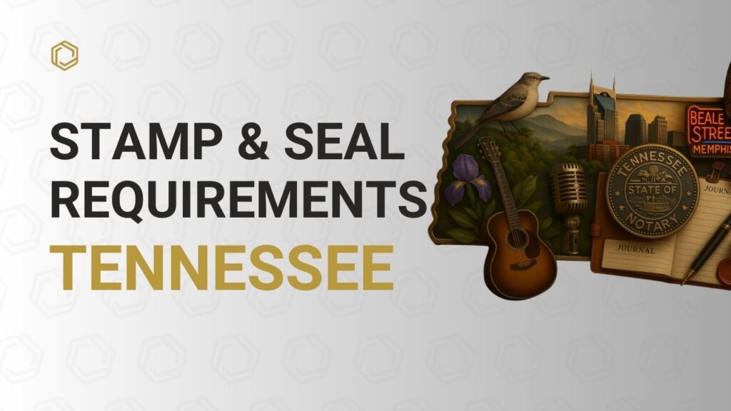 Tennessee notary stamp and seal requirements cover image with state seal, guitar, microphone, journal, and Nashville skyline elements.