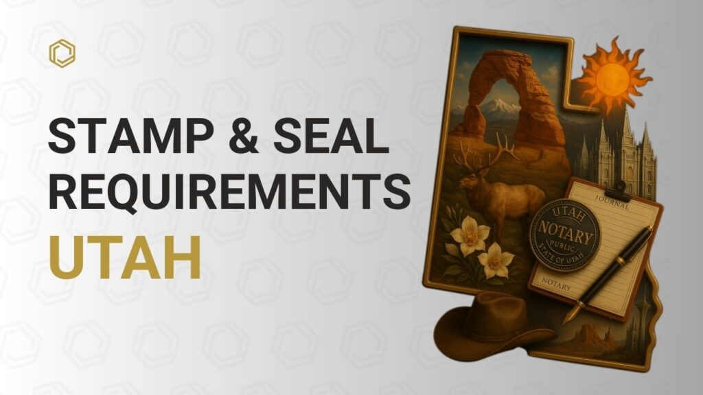 Utah notary stamp and seal requirements cover image featuring Delicate Arch, deer, state capitol, notary seal, journal, pen, and desert sun.