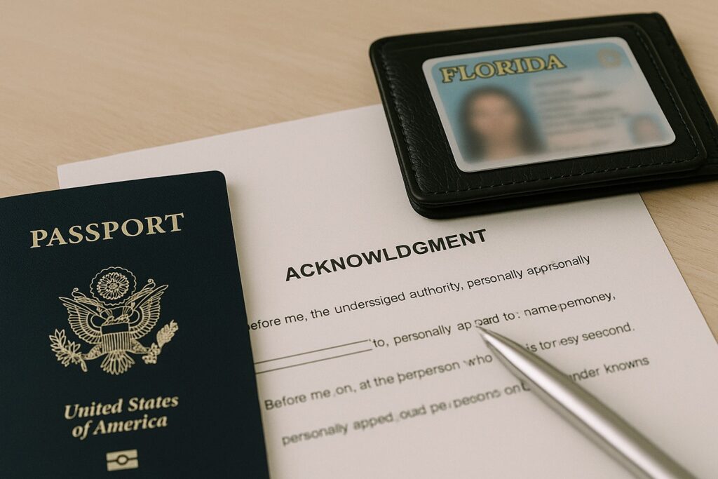 Realistic close-up of a passport, Florida driver’s license in a wallet, and acknowledgment form on a wooden desk with soft lighting.