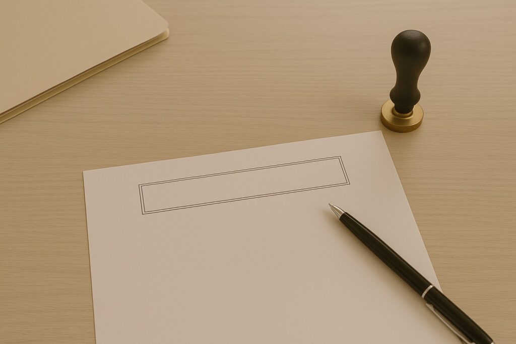Minimal, realistic desk scene with blank documents, pen, and notary tools arranged on a neutral surface under soft lighting.