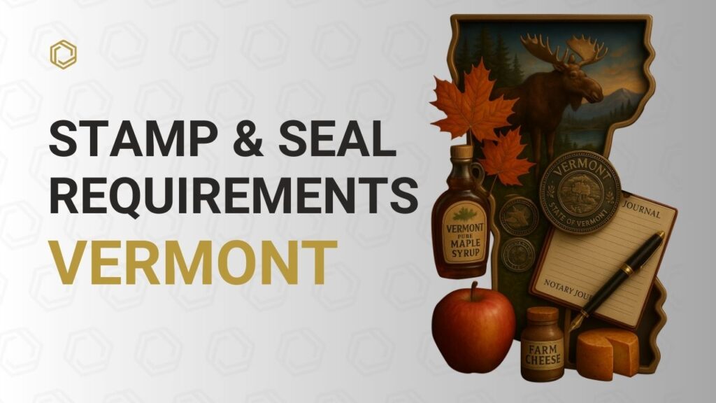 Vermont notary stamp and seal requirements cover image featuring a moose, maple syrup bottle, autumn leaves, apple, farm cheese, notary seal, journal, and pen.