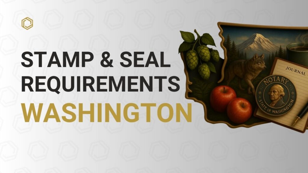 Washington notary stamp and seal requirements cover image featuring Mount Rainier, wolf, apples, hops, notary seal, journal, and pen.