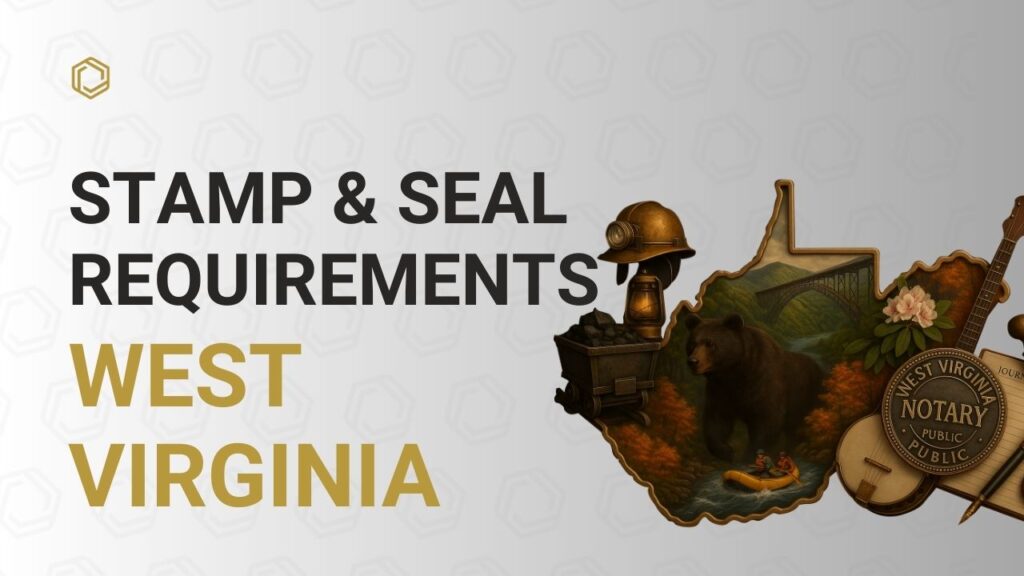 West Virginia notary stamp and seal requirements cover image featuring a black bear, coal mining helmet, river rafting scene, bridge, notary seal, and journal.