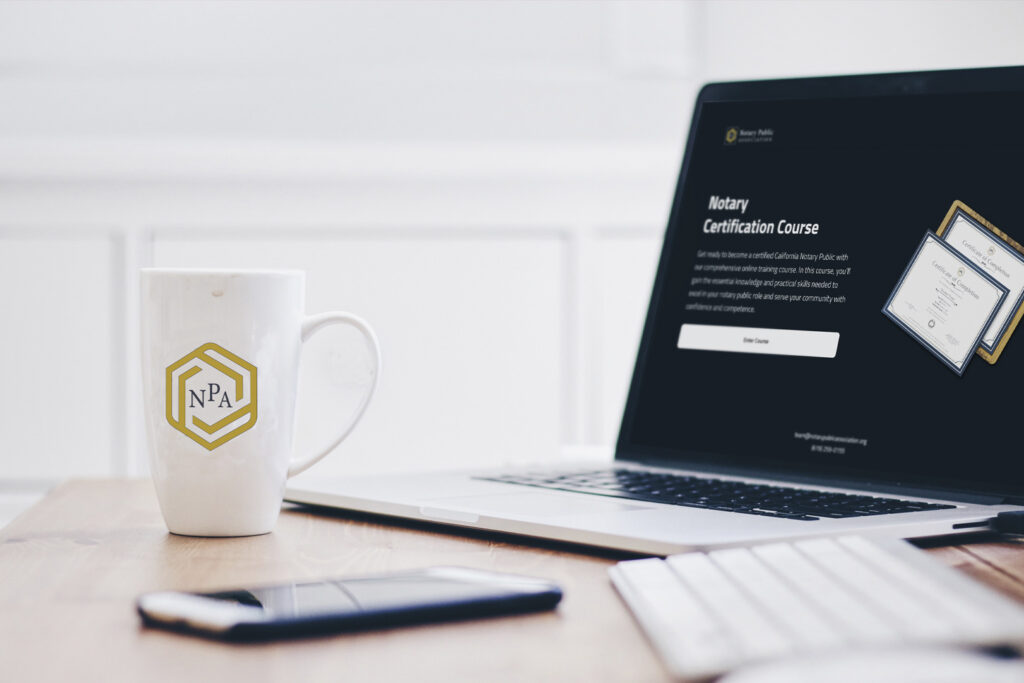 A white mug with the Notary Public Association (NPA) logo in gold sits on a wooden desk next to a smartphone. In the background, a laptop screen displays a webpage for a Notary Certification Course, featuring an image of certificates and a description of the course. The scene is minimalistic and professional.