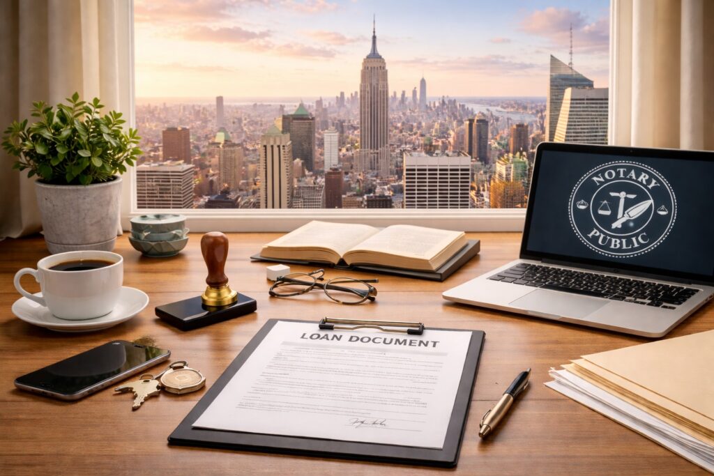 Minimal office desk with loan documents and notary tools, soft natural light, and a window view of the New York City skyline.
