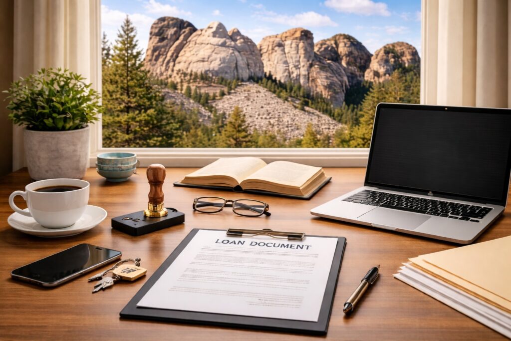 Minimal office desk with loan documents and notary tools, laptop displaying the NPA logo, and a scenic North Dakota landscape.