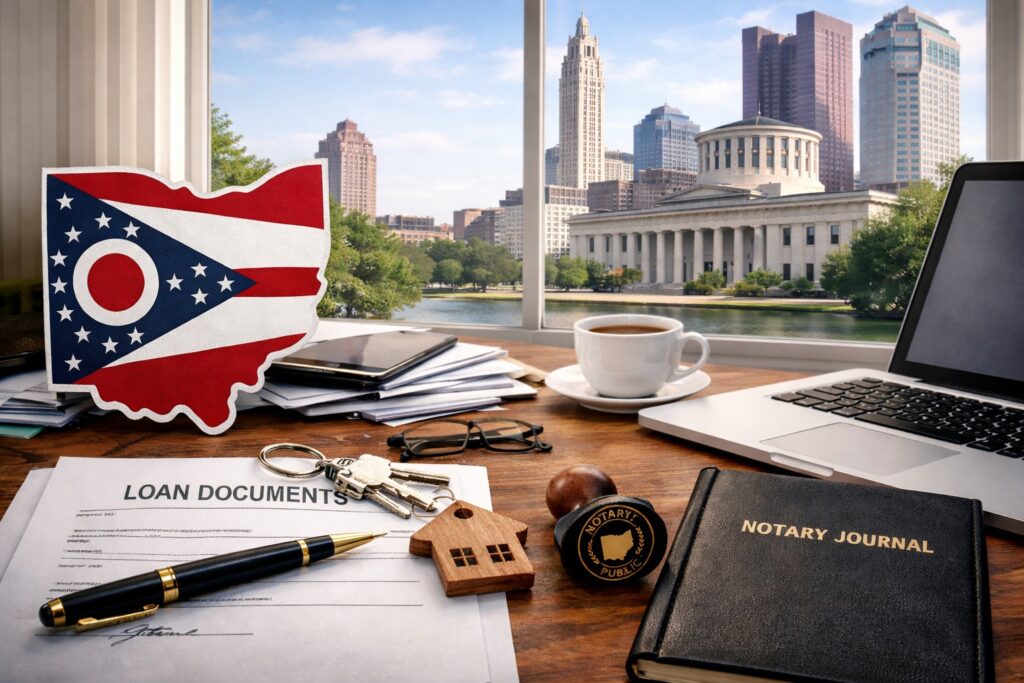 Ohio loan signing agent workspace with blank laptop, notary journal, loan documents, keys, and Ohio Statehouse visible through window.