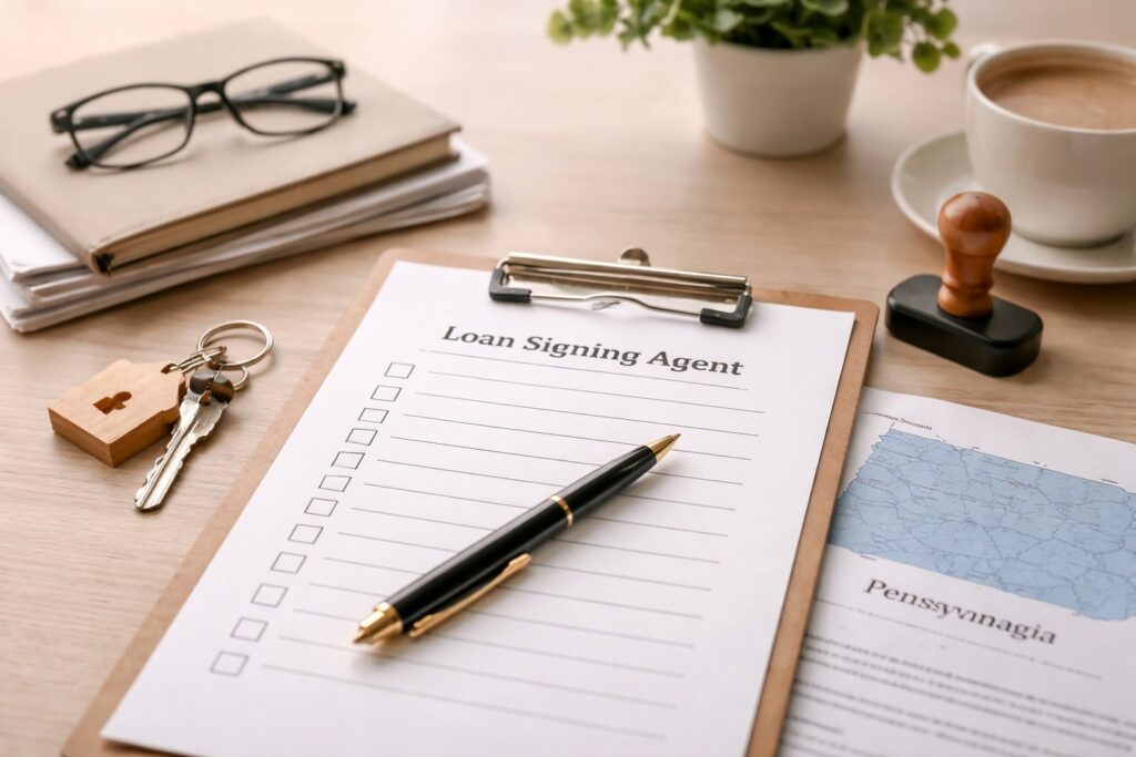 Minimal office desk with loan signing documents, pen, clipboard, and Pennsylvania map in soft neutral lighting.