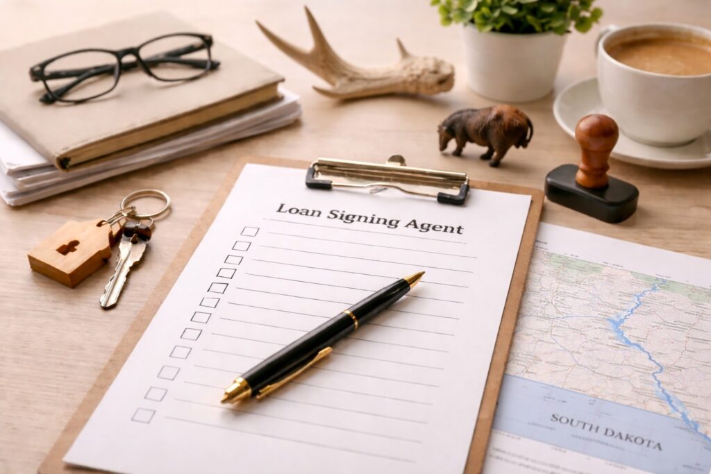 Minimal office desk with loan signing checklist, pen, keys, South Dakota map, bison figurine, antler decor, and soft lighting.