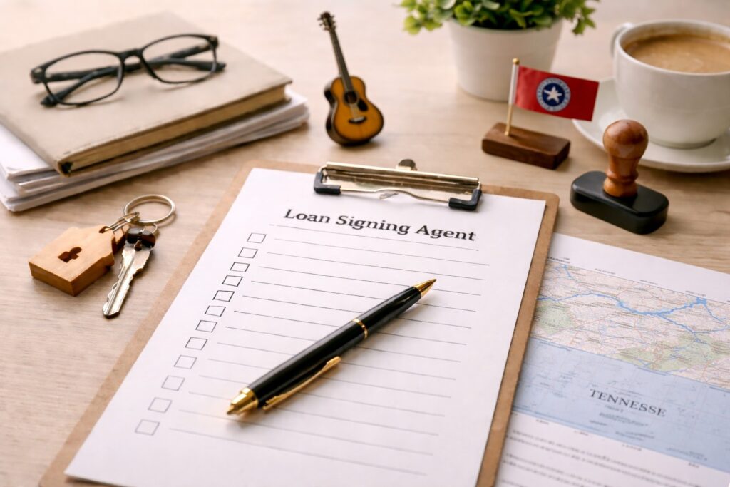 Minimal office desk with loan signing checklist, pen, keys, Tennessee map, guitar decor, and small state flag in soft lighting.