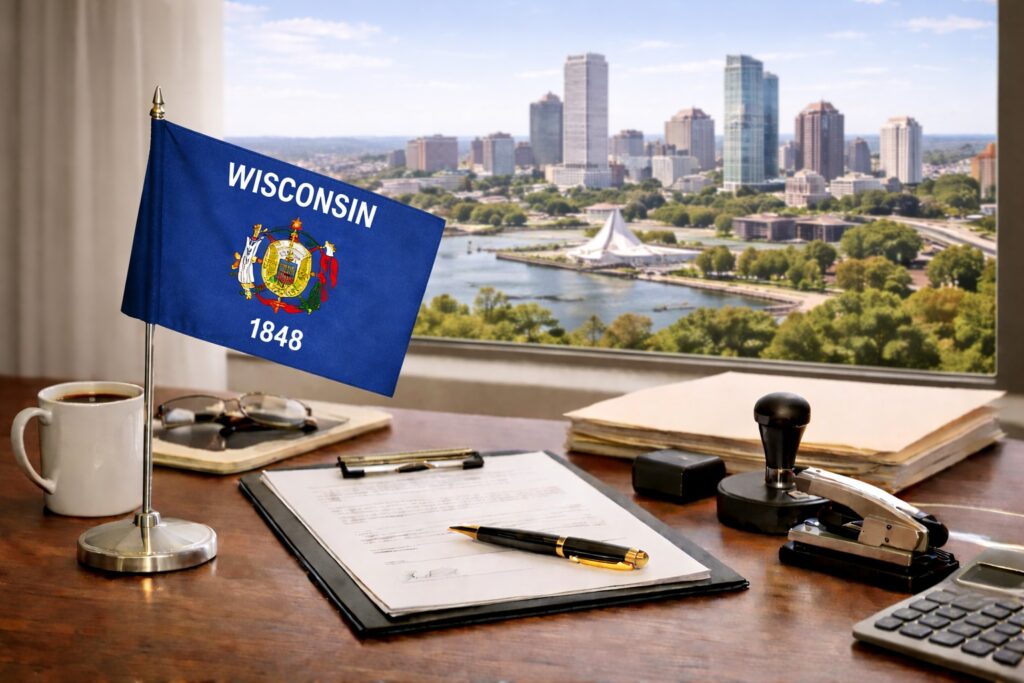 Office desk with Wisconsin state flag, signed loan documents, stamp, and pen, overlooking the Milwaukee skyline and waterfront.