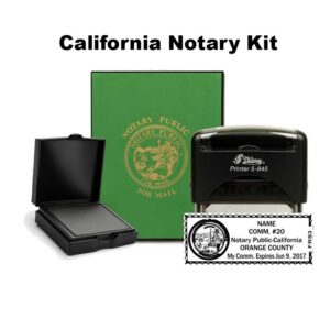 California Notary Stamp Kit featuring a self-inking California-compliant notary stamp, #2 fingerprint ink pad, and green soft-cover notary journal displayed on a white background.