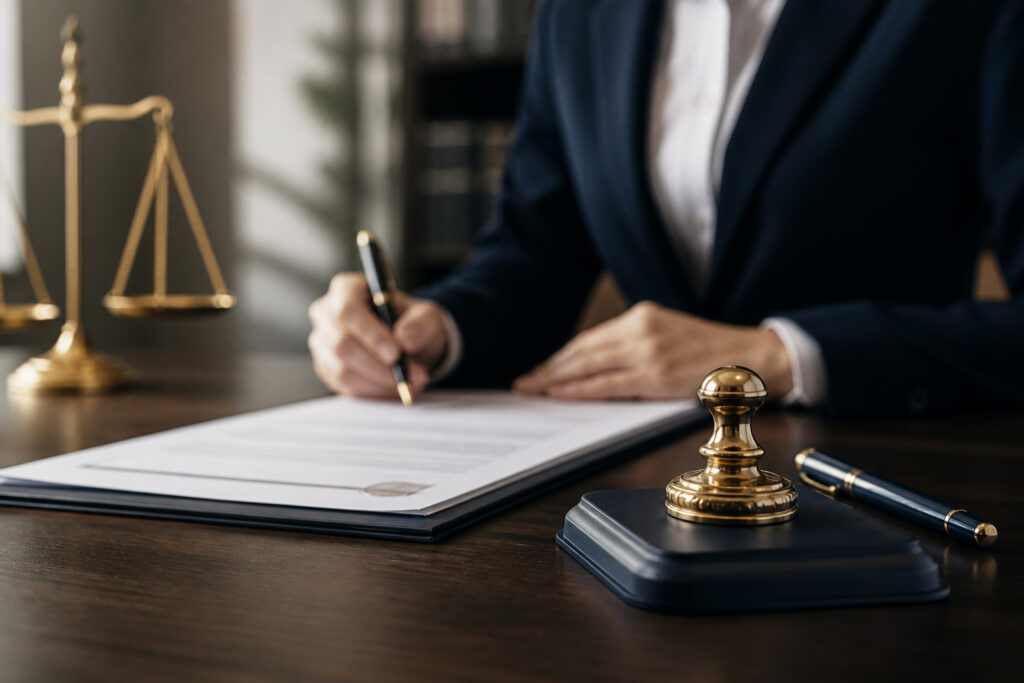Professional setting with a notary signing a document at a desk, featuring a gold notary seal, fountain pen, and scales of justice in the background.