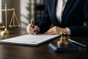 Professional setting with a notary signing a document at a desk, featuring a gold notary seal, fountain pen, and scales of justice in the background.