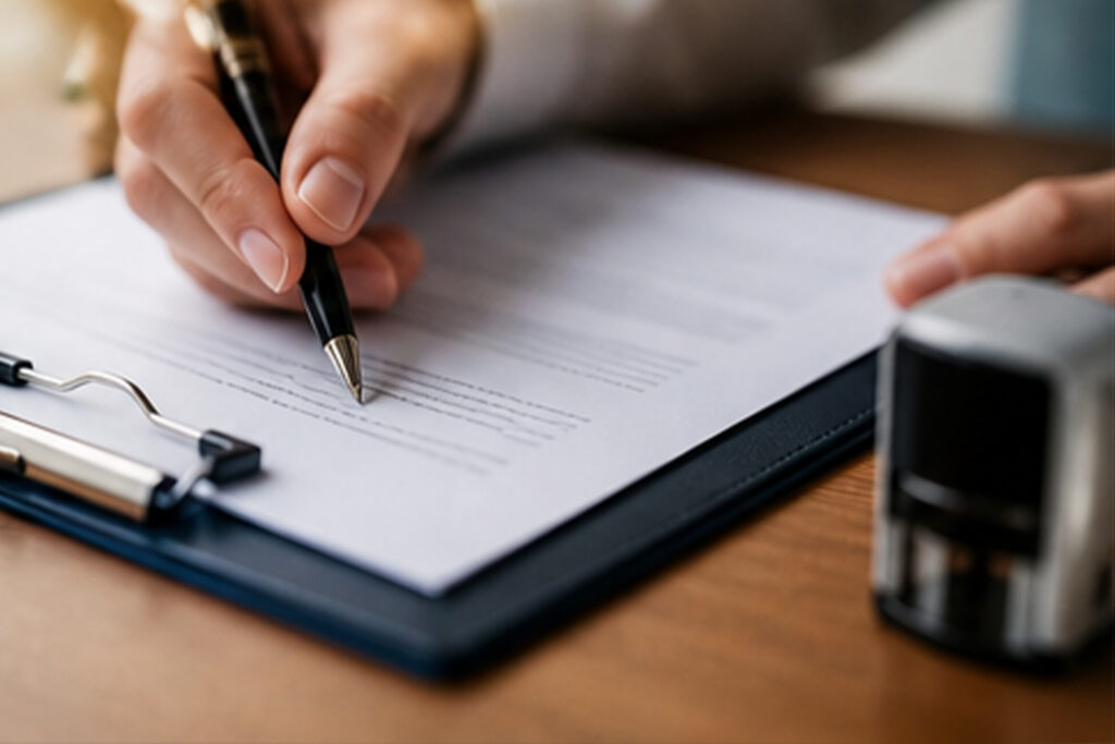 Person signing a document and a stamp at the ready