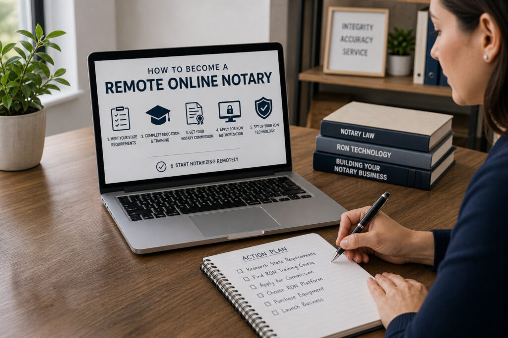 Person planning steps to become a remote online notary at a desk with laptop, notebook, pen, and notary tools representing setup and preparation