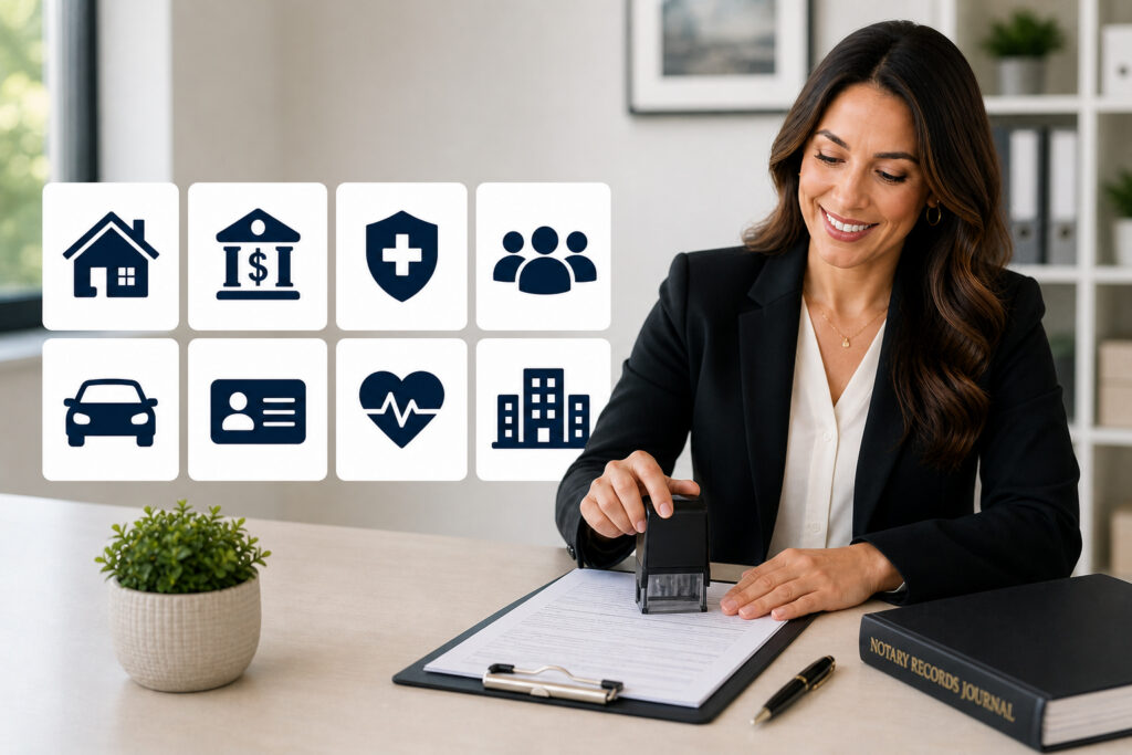 Person stamping a document with a modern rectangular notary stamp on a desk with icons representing industries like real estate, finance, healthcare, and corporate businesses