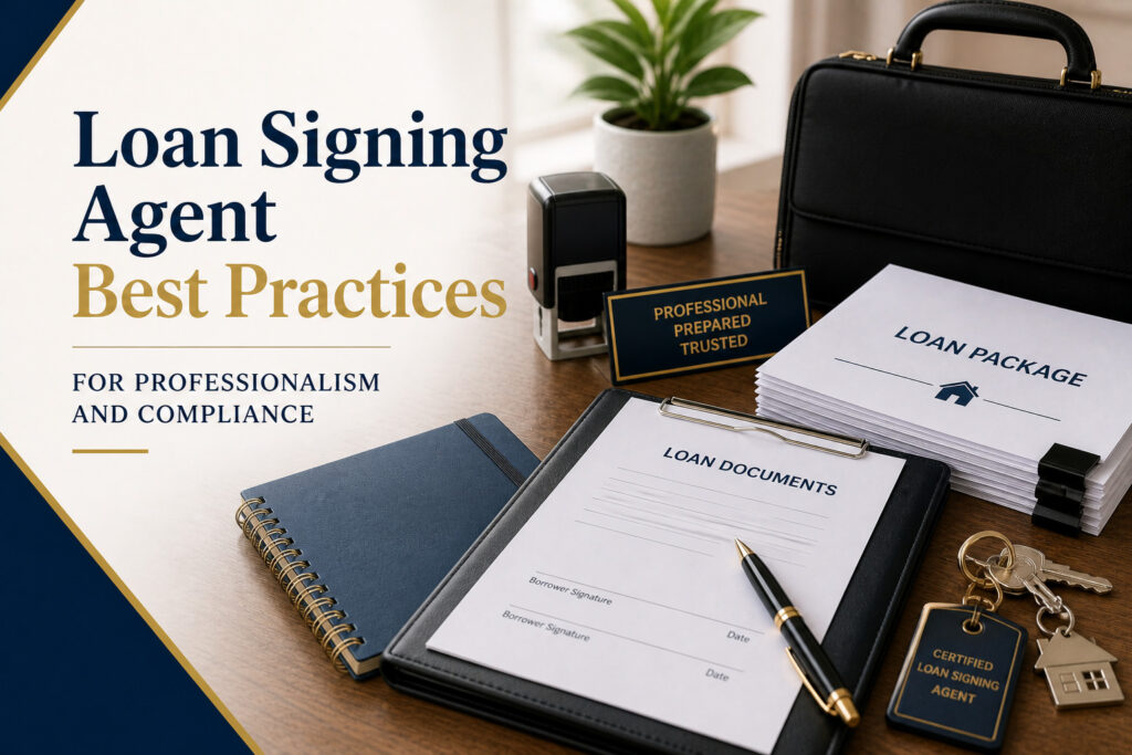 Loan signing workspace with organized loan documents on a clipboard, pen, notary tools, briefcase, and house keys representing professionalism and compliance in loan signings