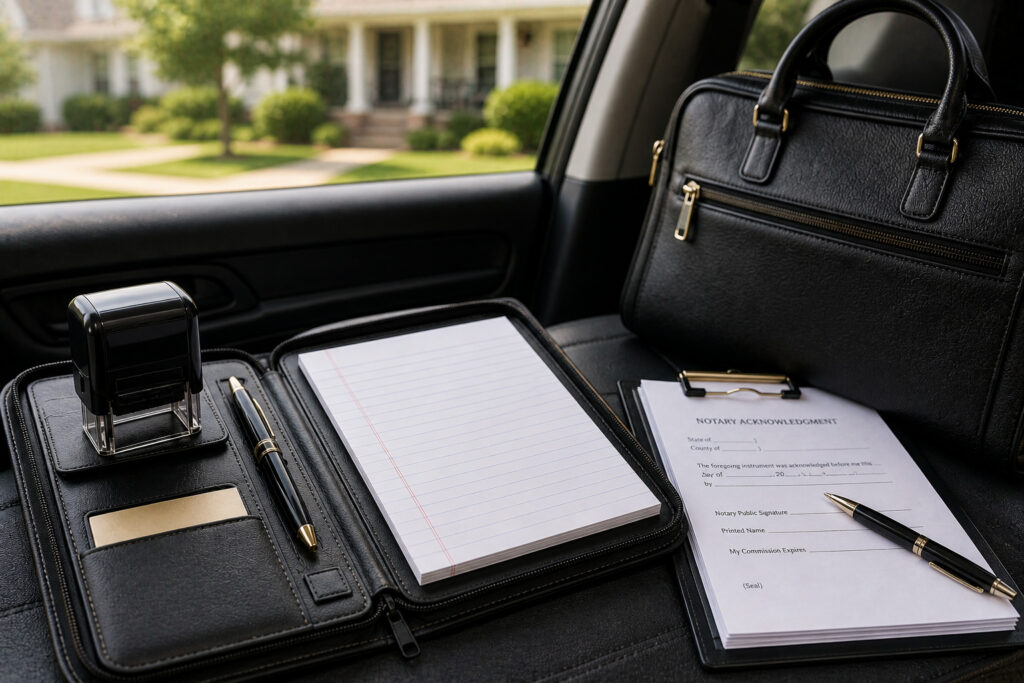 Mobile notary workspace inside a vehicle with organized documents, leather folio, pen, and professional tools representing structured service packages and on-the-go work