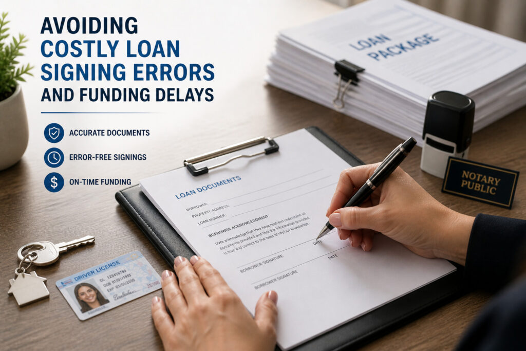 Person signing a stack of loan documents on a clipboard with ID and house keys nearby, representing accurate loan signing and avoiding funding delays