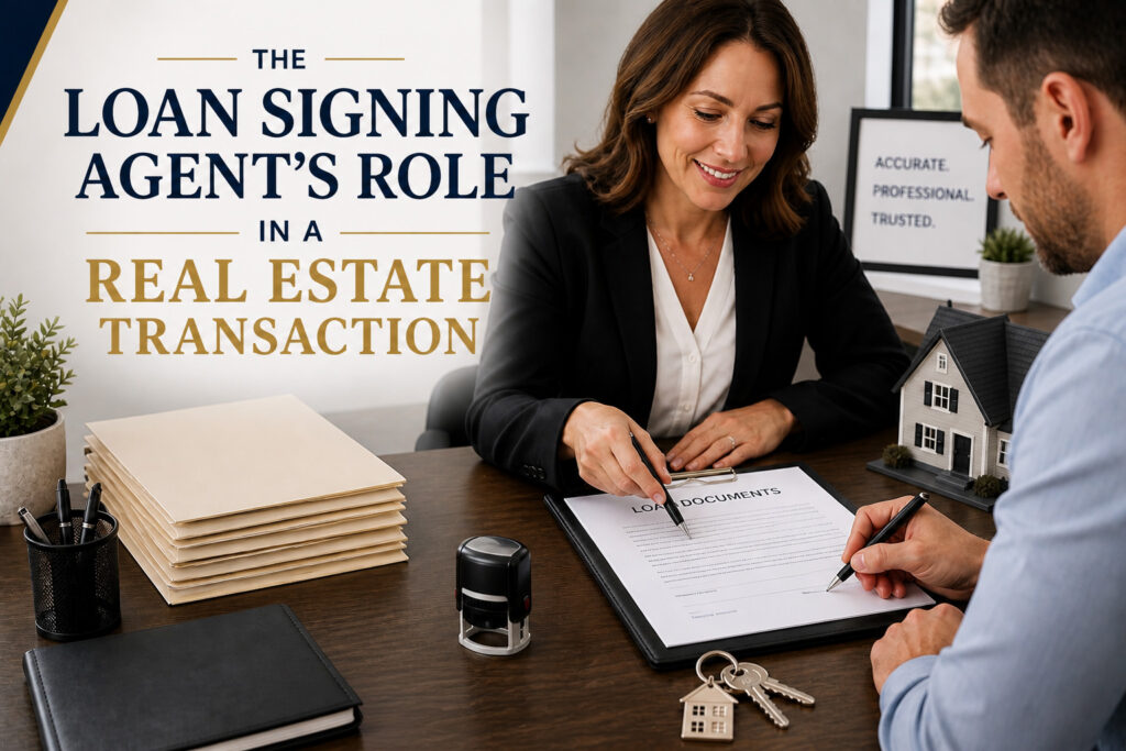Loan signing agent guiding a client through signing real estate documents at a desk with a clean folder stack, pen, house model, and keys representing the closing process