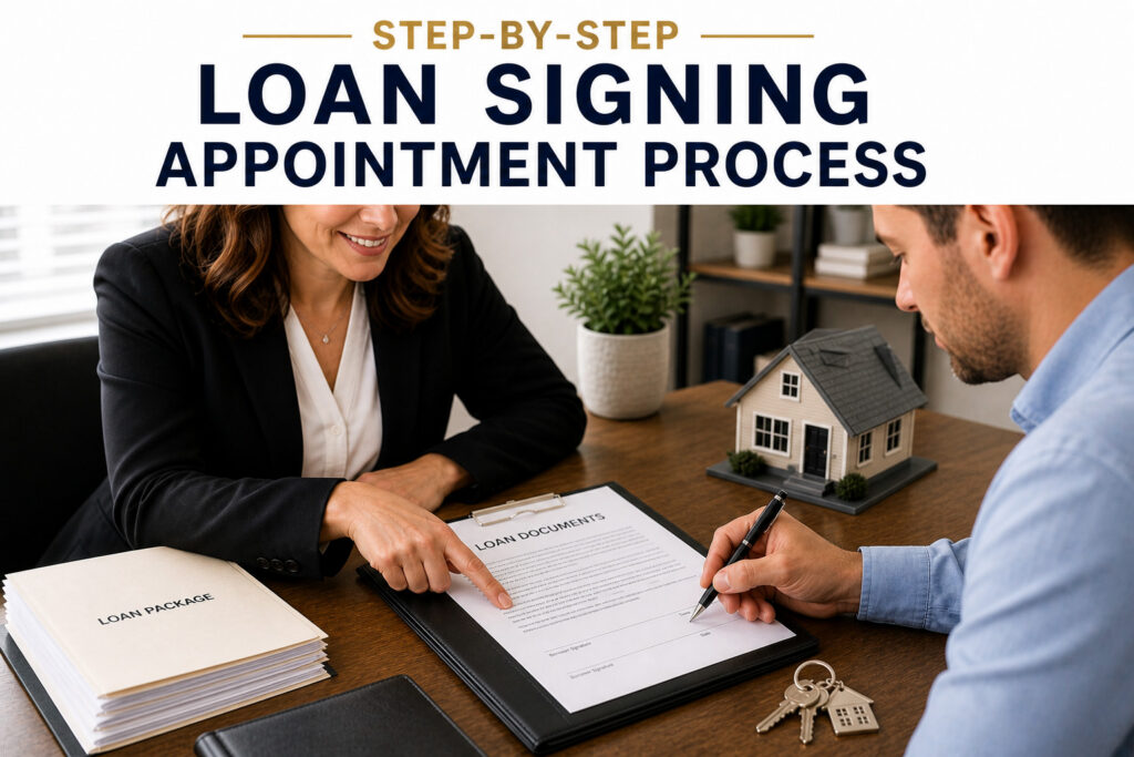 Step-by-step loan signing appointment process showing a signing agent guiding a client through documents at a desk with loan paperwork, pen, house model, and keys
