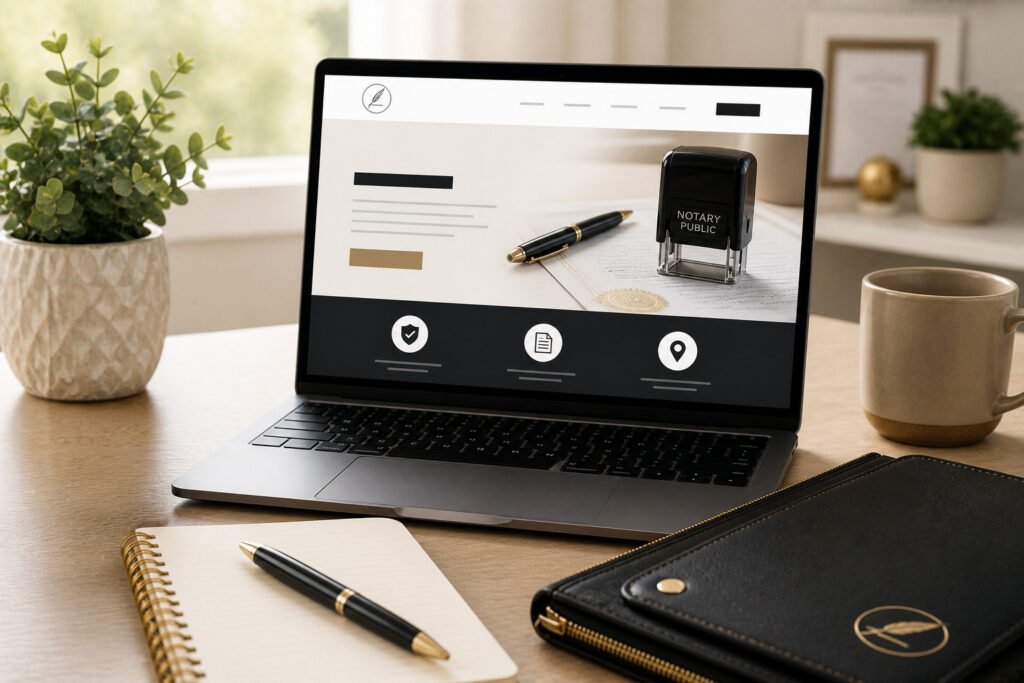 Laptop on a clean desk displaying a generic website layout with notary tools, notebook, and coffee representing building an online presence for a notary business