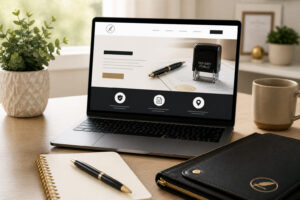 Laptop on a clean desk displaying a generic website layout with notary tools, notebook, and coffee representing building an online presence for a notary business