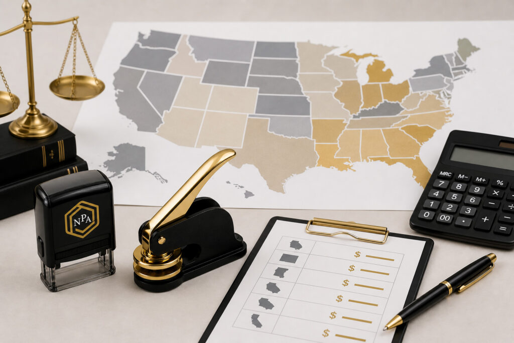 Notary stamp, embosser, and calculator on a desk with a United States map representing notary fees by state