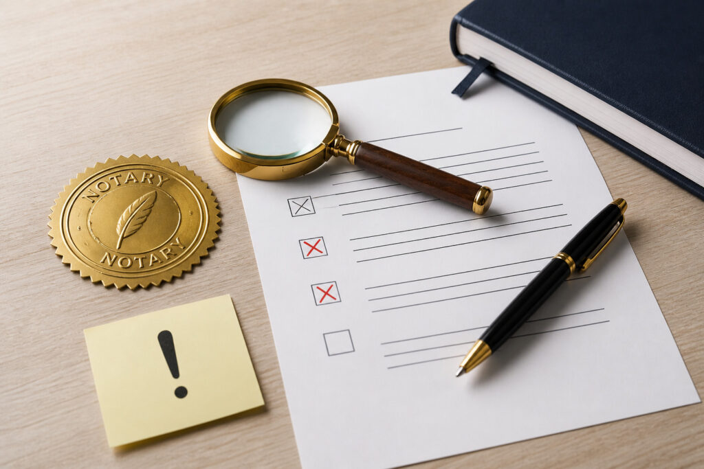 Checklist with marked errors, magnifying glass, and pen on a desk representing common notary mistakes and review process
