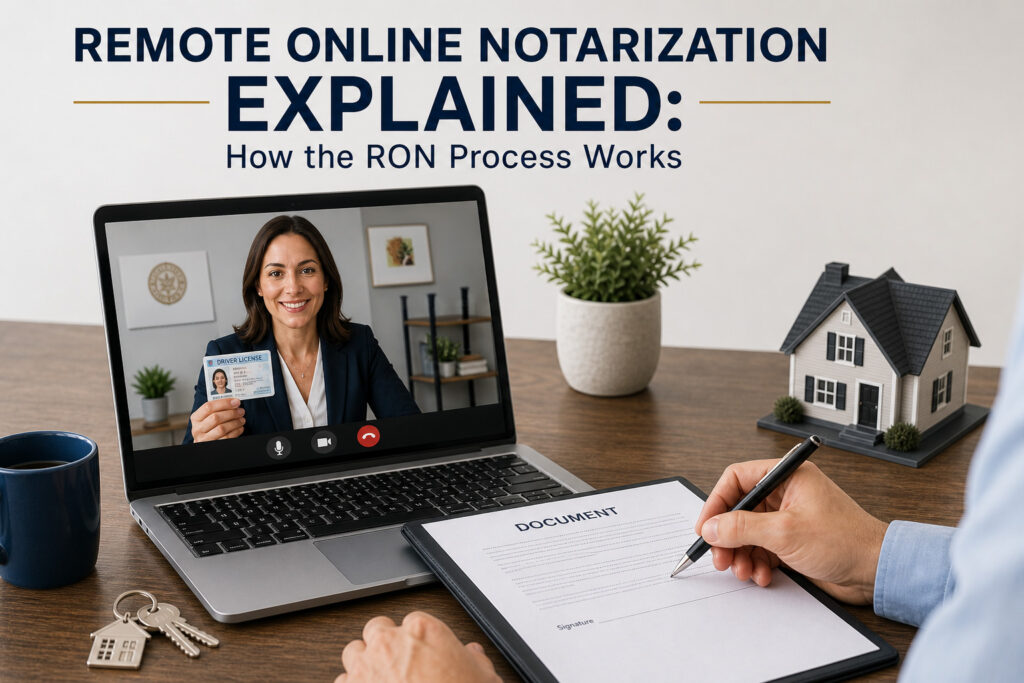 Remote online notarization video call on a laptop with signer holding ID and signing a document at a clean desk with house model and keys representing the RON process