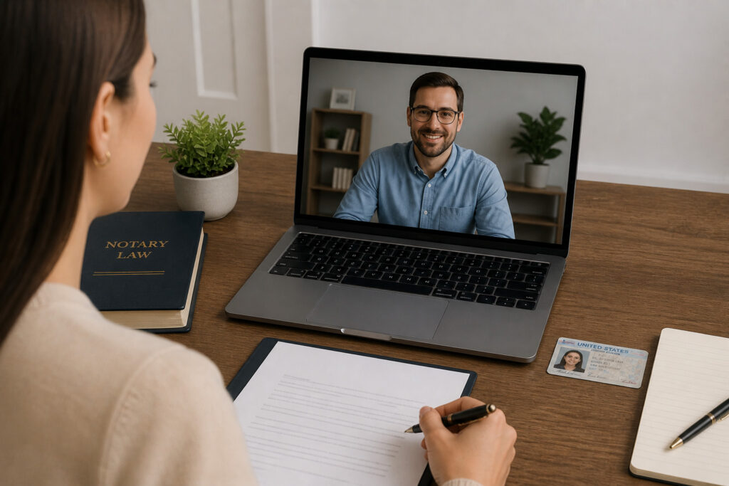 Person signing a document at a desk while speaking to another person on a laptop video call with ID card visible, representing remote online notarization