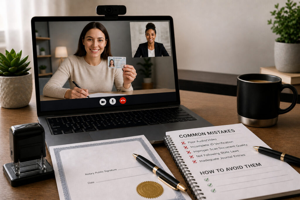 Remote online notary video call on a laptop with documents, pen, and workspace setup representing common mistakes and proper digital notarization practices