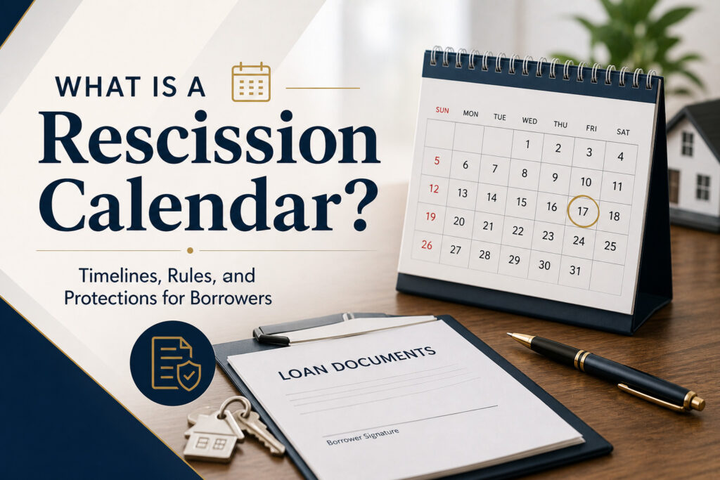 Desk scene with calendar highlighting a date, loan documents on a clipboard, house keys, and a pen representing rescission timelines in real estate transactions