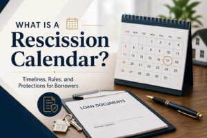 Desk scene with calendar highlighting a date, loan documents on a clipboard, house keys, and a pen representing rescission timelines in real estate transactions