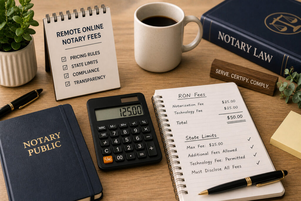 Clean desk with calculator, blank notebook, pen, and organized documents representing remote online notary pricing and fee structure