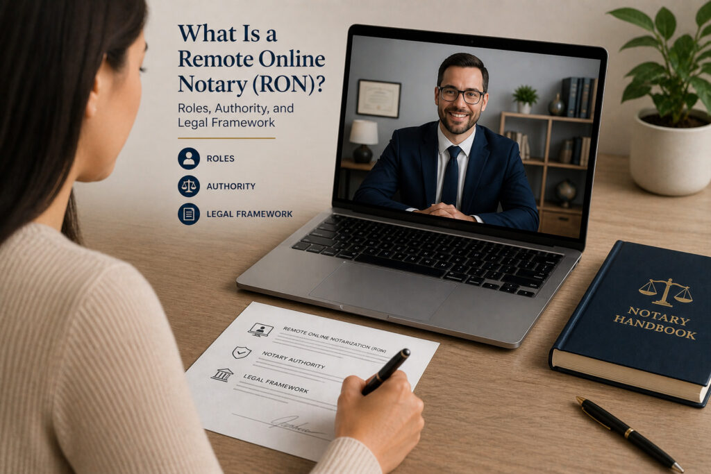 Person signing a document at a desk while speaking to a professional on a laptop video call with ID card nearby, representing remote online notarization roles and legal framework