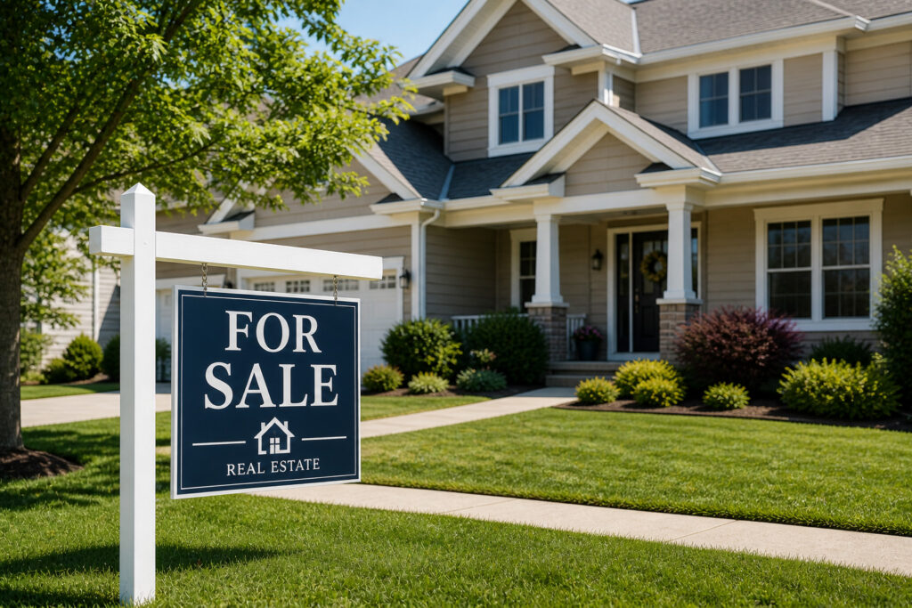 Suburban home with a traditional real estate yard sign on a white post in the front lawn representing property sales