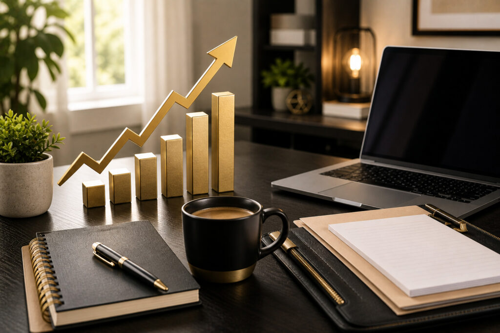 Professional workspace with laptop, notebook, coffee, and a gold upward growth chart representing business success
