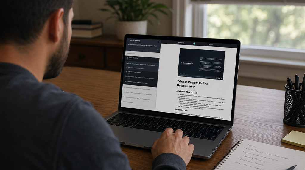 Man studying the remote onlin notary course on laptop in his home
