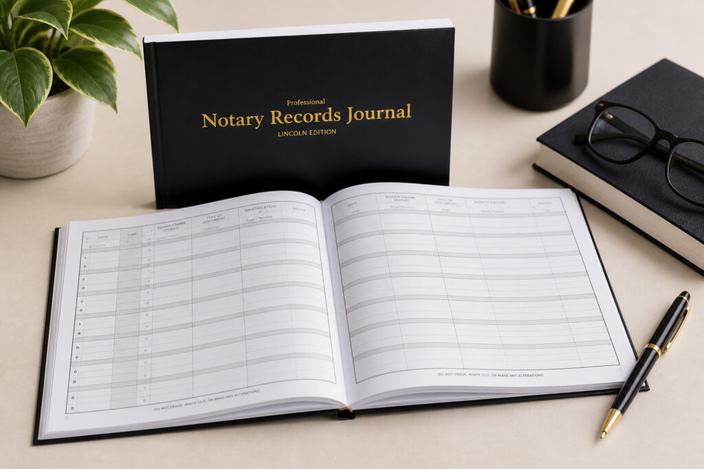 Notary journal open with structured recordkeeping pages on a clean desk with pen and minimal office setup representing proper documentation practices